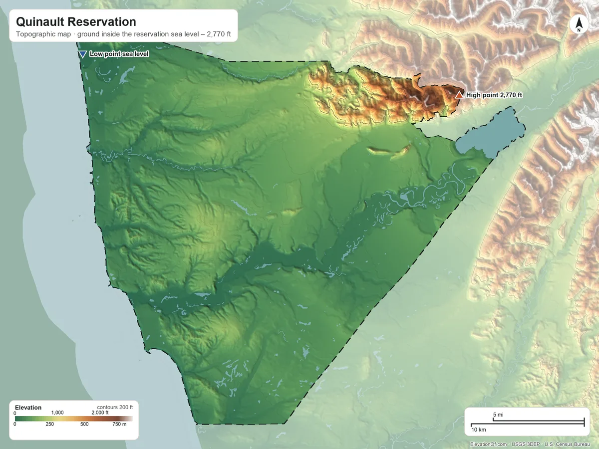 Topographic elevation map of Quinault Reservation, Washington, shaded from sea level on the Pacific Ocean to 2,770 ft on the northeast side
