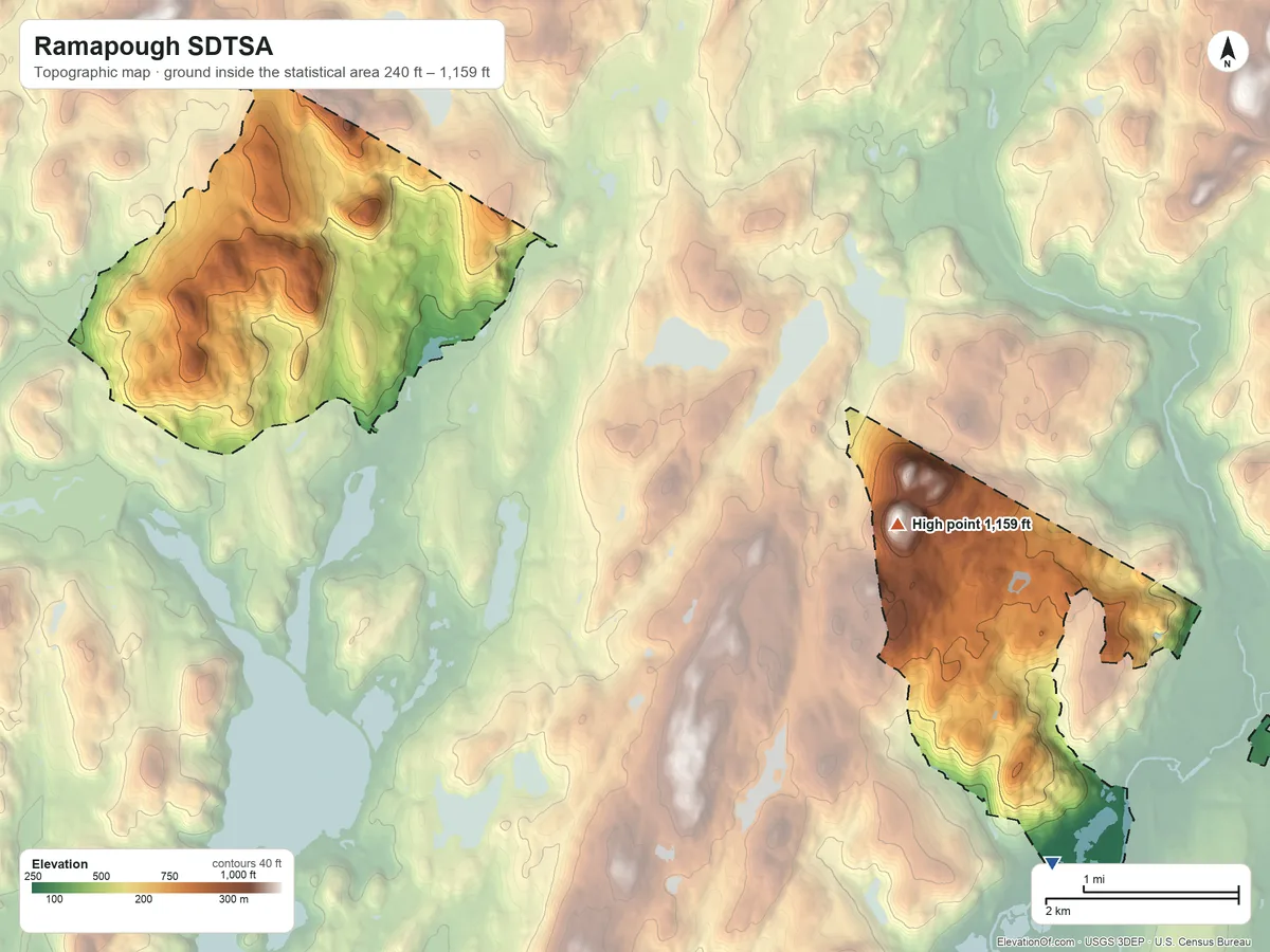 Topographic elevation map of Ramapough SDTSA, New Jersey, shaded from 240 ft on the southeast side to 1,159 ft on Bald Mountain