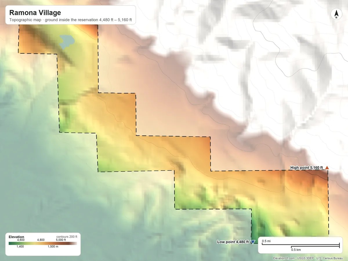 Topographic elevation map of Ramona Village, California, shaded from 4,480 ft on the southeast side to 5,160 ft on the east side
