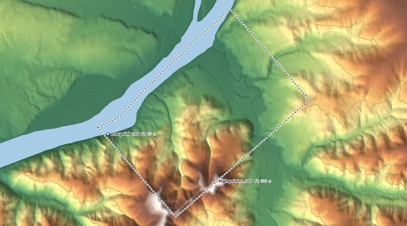 Topographic elevation map of Rampart ANVSA, Alaska, shaded from 240 ft on the west side to 1,900 ft on the south side