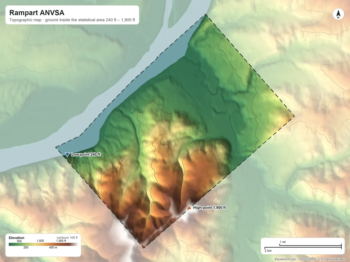 Topographic elevation map of Rampart ANVSA, Alaska, shaded from 240 ft on the west side to 1,900 ft on the south side