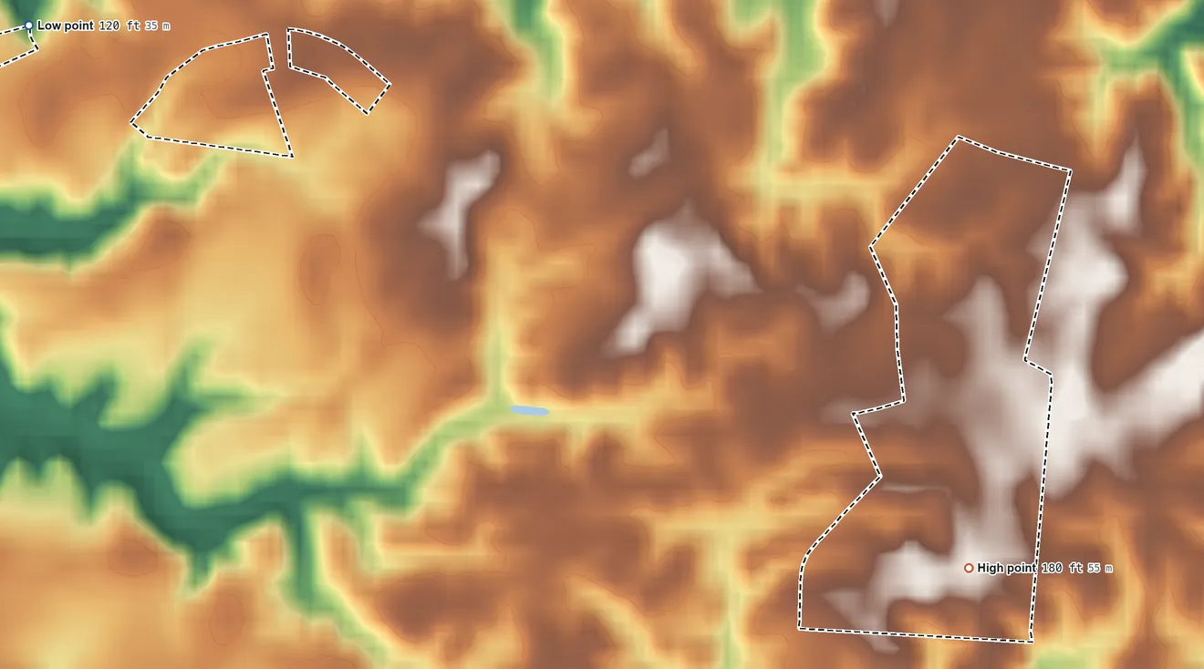 Topographic elevation map of Rappahannock Trust Land, Virginia, shaded from 120 ft on the northwest side to 180 ft on the southeast side