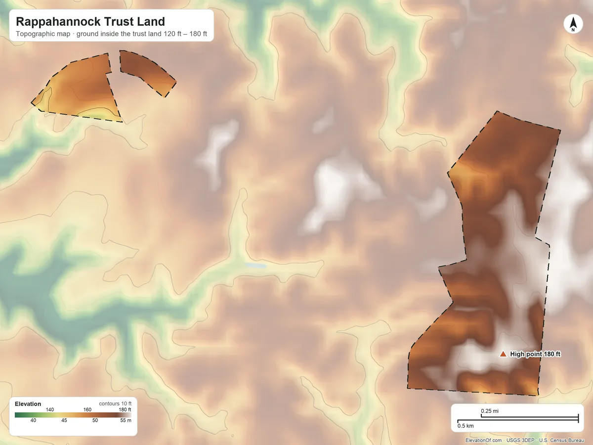 Topographic elevation map of Rappahannock Trust Land, Virginia, shaded from 120 ft on the northwest side to 180 ft on the southeast side