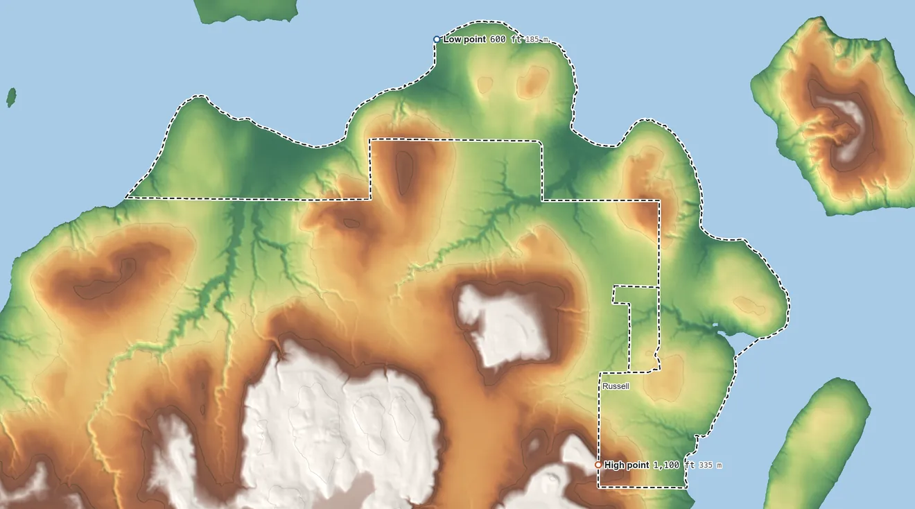 Topographic elevation map of Red Cliff Reservation, Wisconsin, shaded from 600 ft on the north side to 1,100 ft on the southeast side