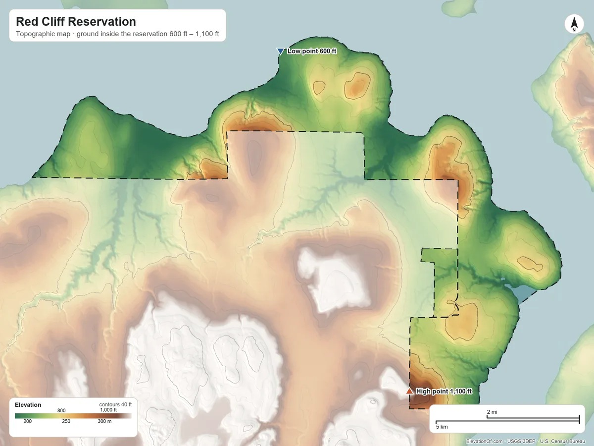 Topographic elevation map of Red Cliff Reservation, Wisconsin, shaded from 600 ft on the north side to 1,100 ft on the southeast side
