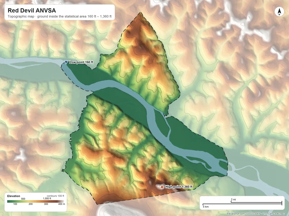 Topographic elevation map of Red Devil ANVSA, Alaska, shaded from 160 ft on the northwest side to 1,360 ft on the south side