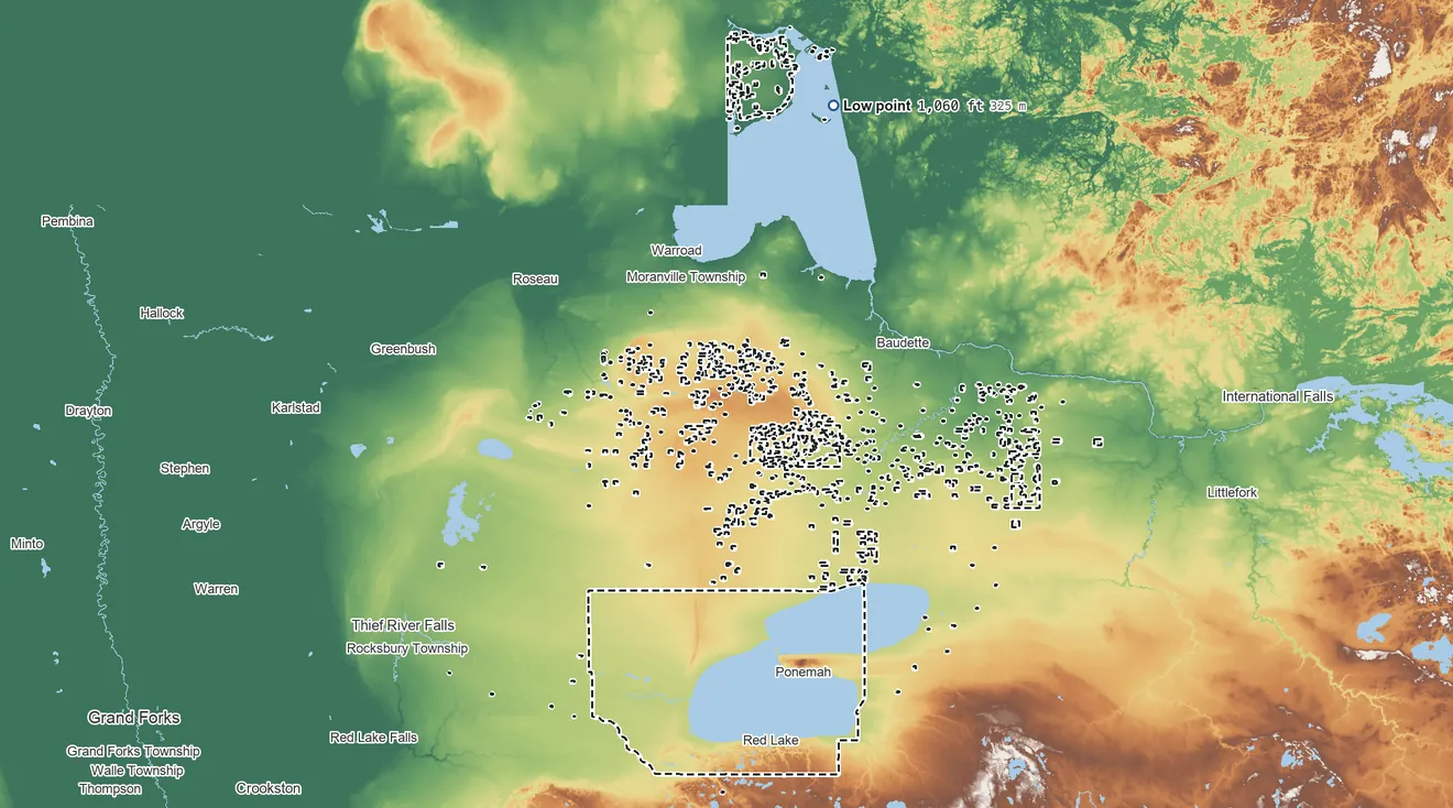 Topographic elevation map of Red Lake Reservation, Minnesota, shaded from 1,060 ft on the north side to 1,460 ft on the south side