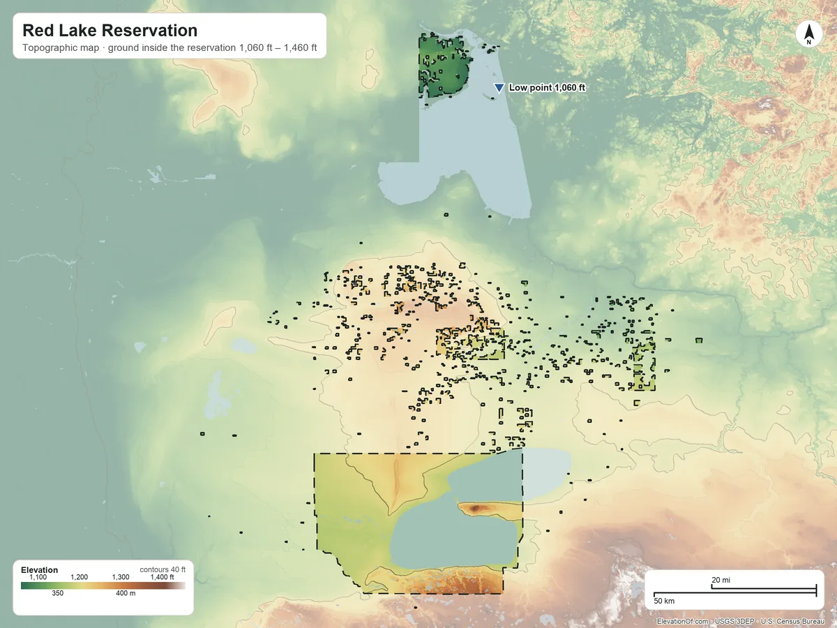 Topographic elevation map of Red Lake Reservation, Minnesota, shaded from 1,060 ft on the north side to 1,460 ft on the south side