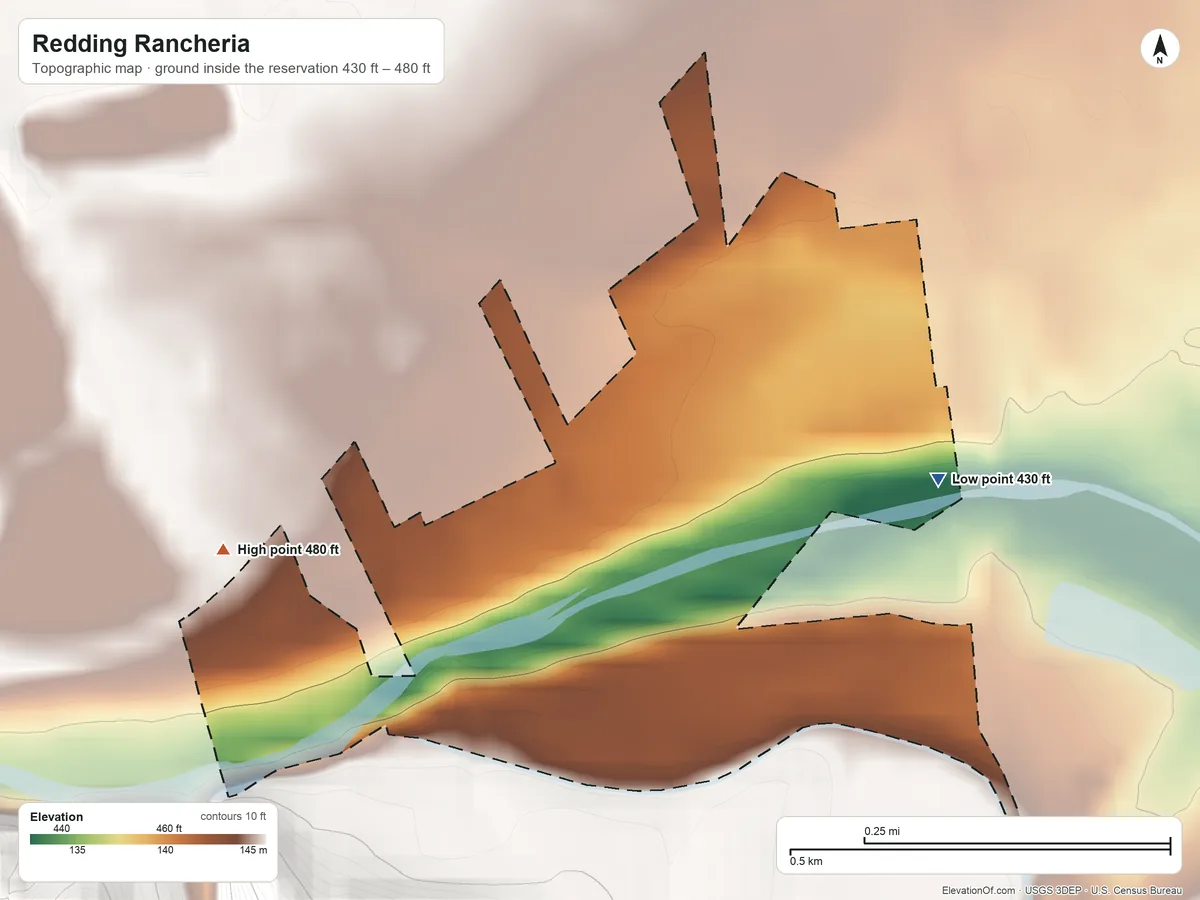 Topographic elevation map of Redding Rancheria, California, shaded from 430 ft on the east side to 480 ft on the west side