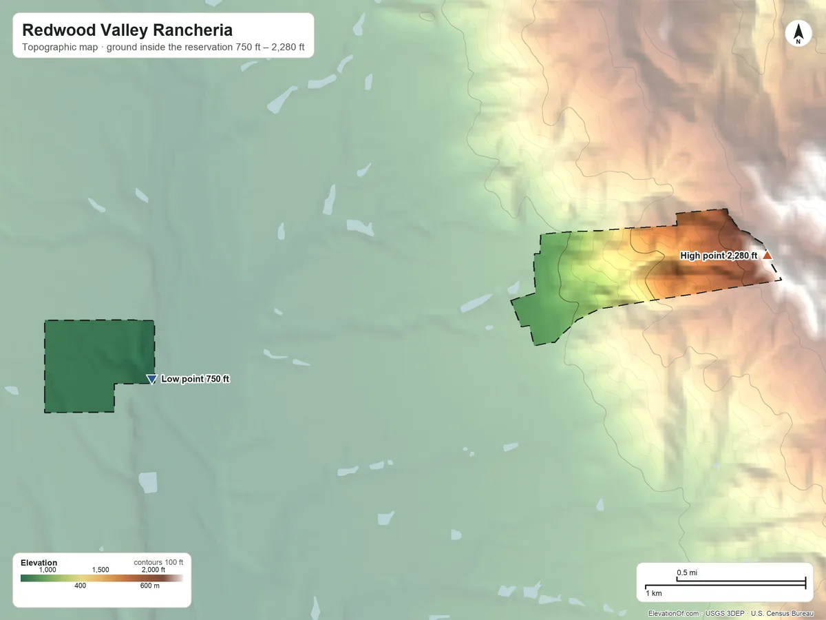 Topographic elevation map of Redwood Valley Rancheria, California, shaded from 750 ft on the west side to 2,280 ft on the east side