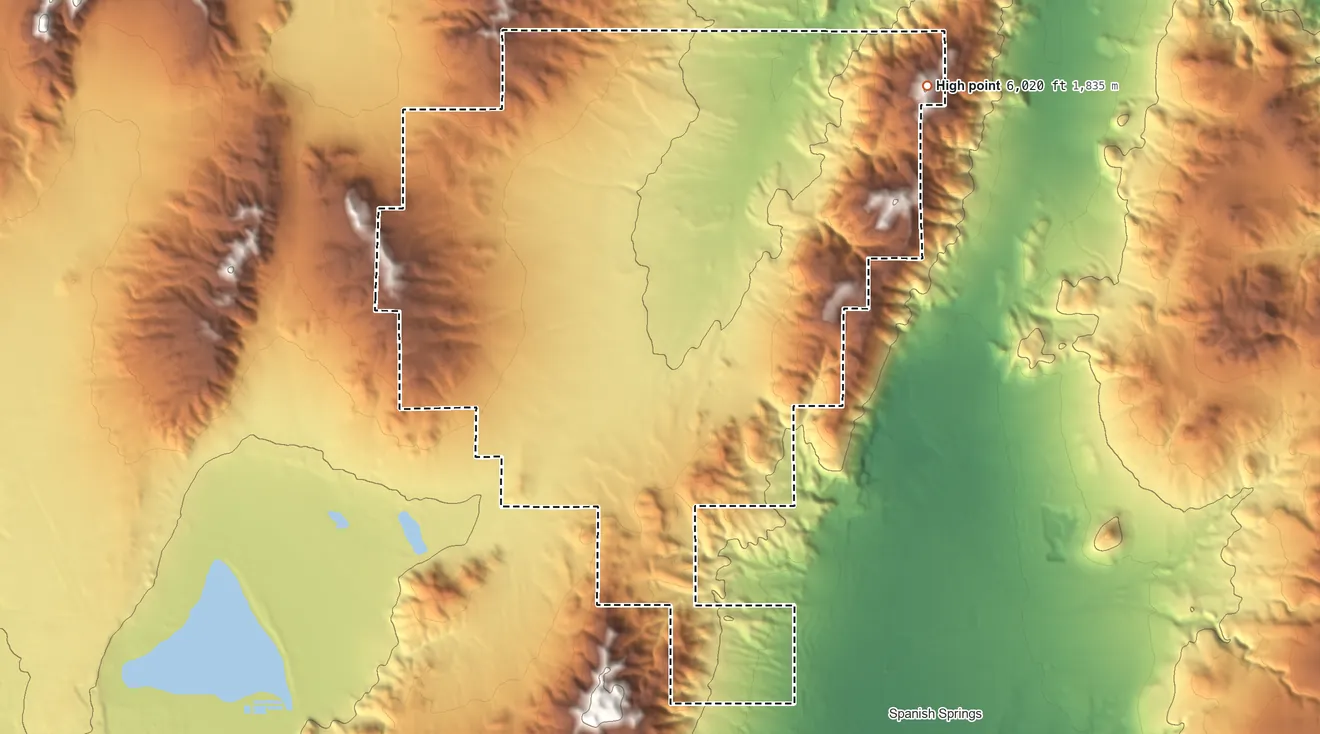 Topographic elevation map of Reno-Sparks Indian Colony, Nevada, shaded from 4,420 ft on the south side to 6,020 ft on the northeast side