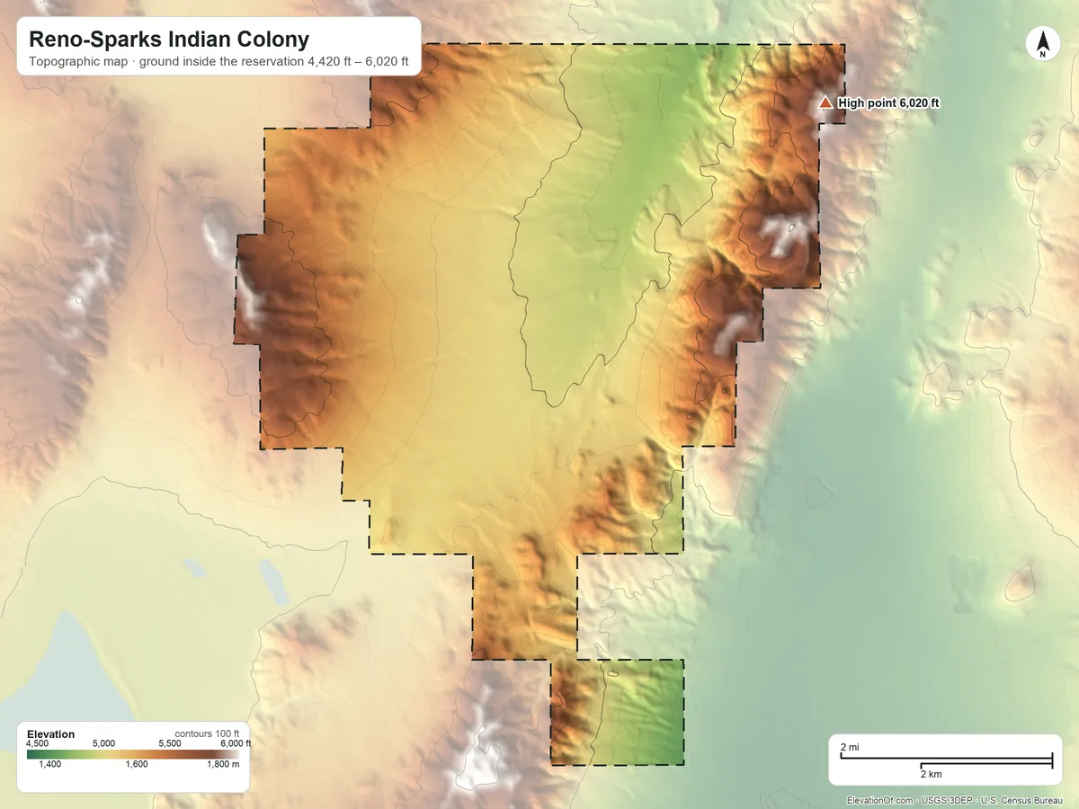 Topographic elevation map of Reno-Sparks Indian Colony, Nevada, shaded from 4,420 ft on the south side to 6,020 ft on the northeast side