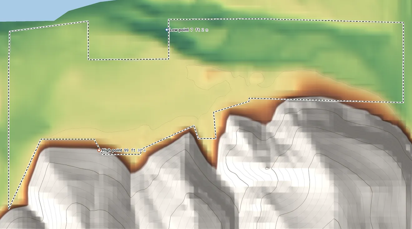 Topographic elevation map of Resighini Rancheria, California, shaded from 7 ft on the northwest side to 99 ft on the west side