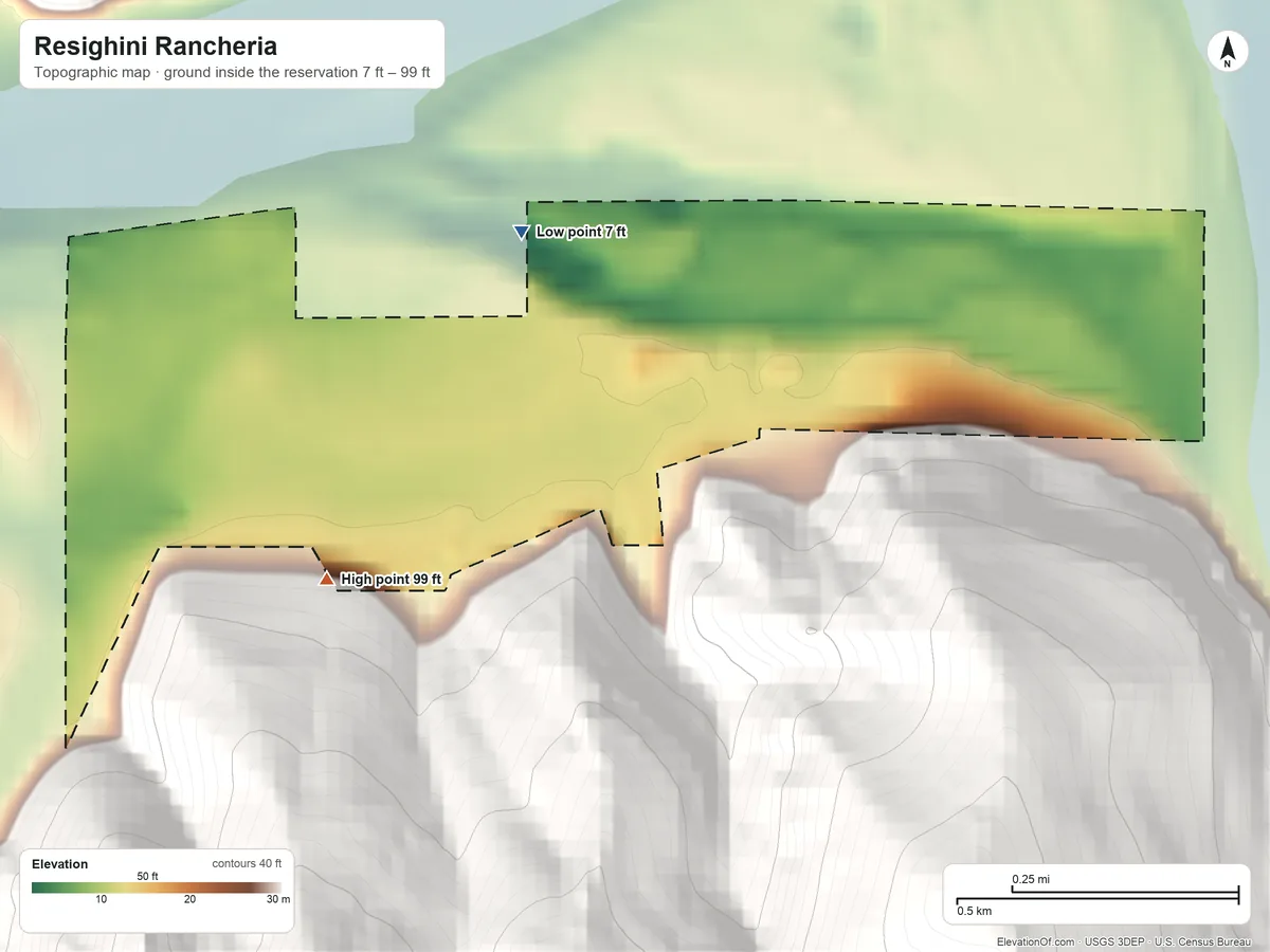 Topographic elevation map of Resighini Rancheria, California, shaded from 7 ft on the northwest side to 99 ft on the west side