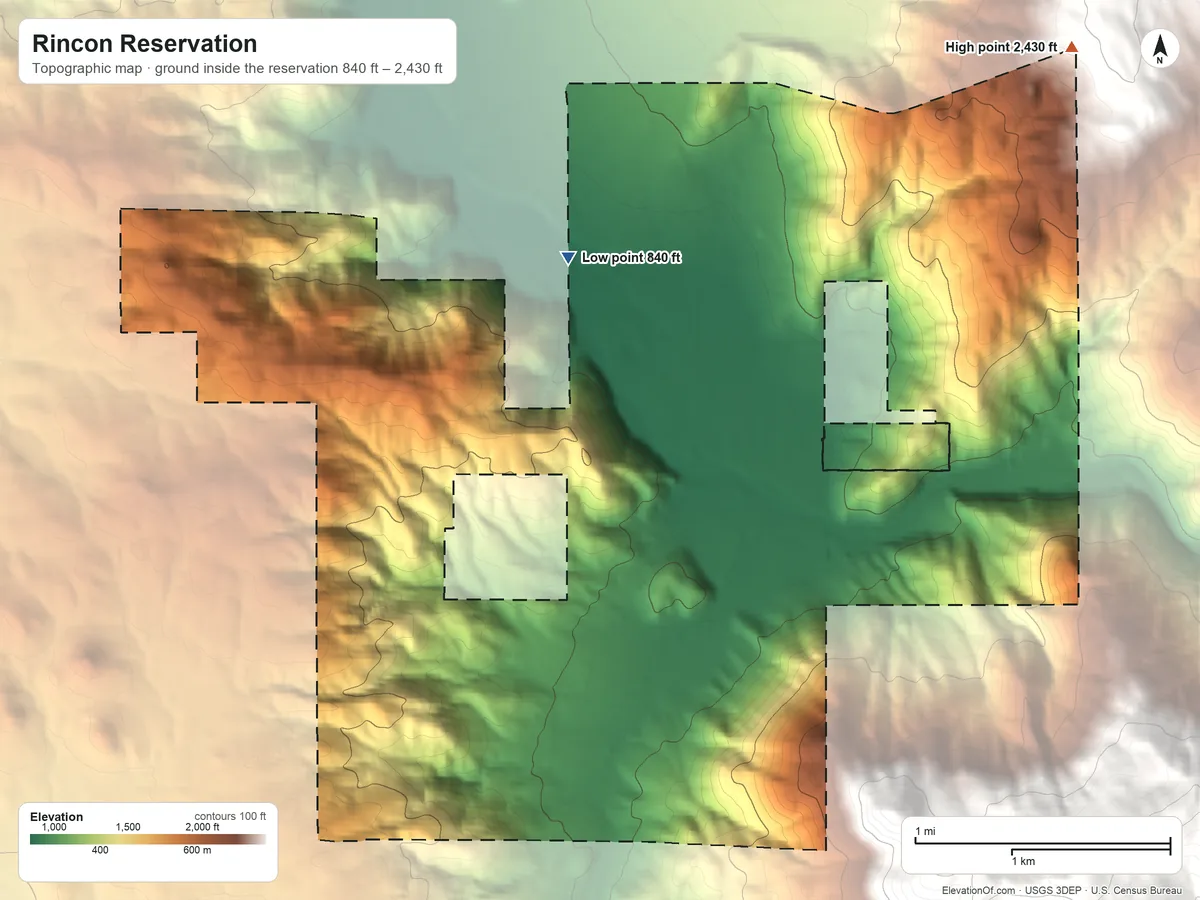 Topographic elevation map of Rincon Reservation, California, shaded from 840 ft on the north side to 2,430 ft on the northeast side