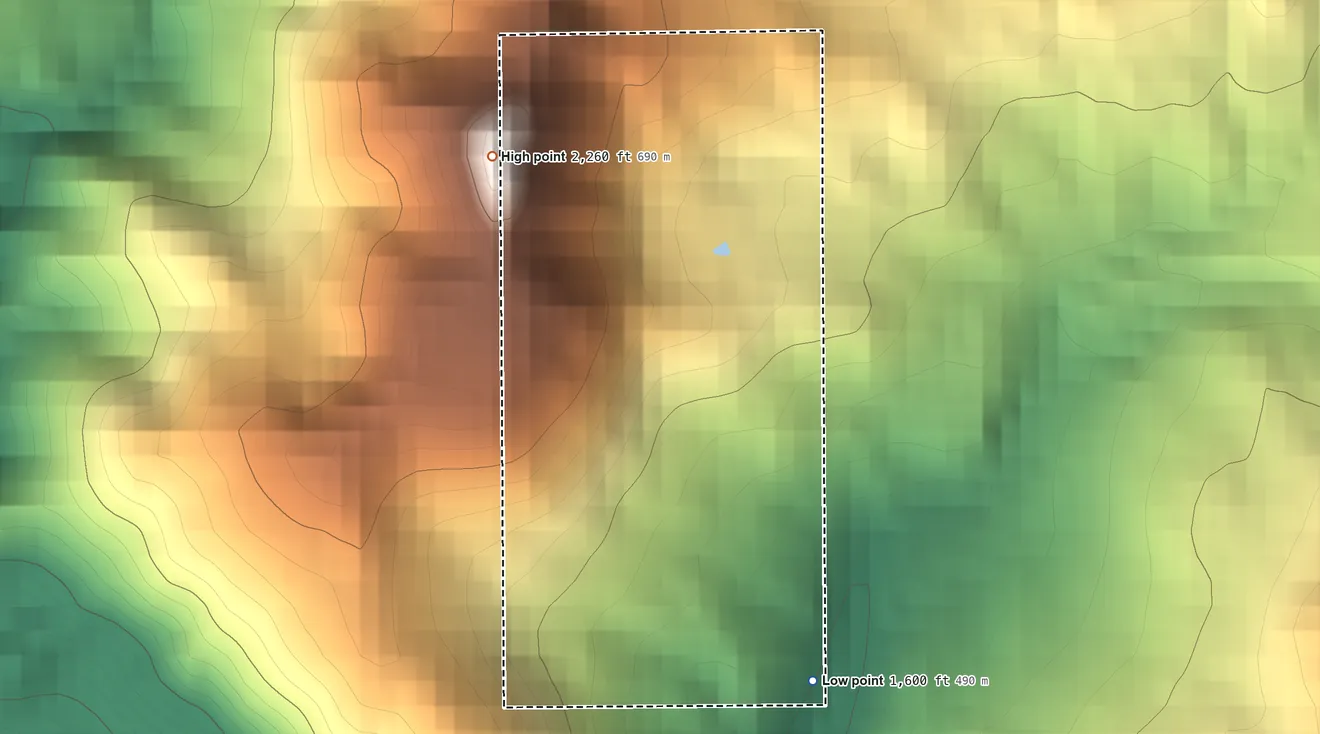 Topographic elevation map of Roaring Creek Rancheria, California, shaded from 1,600 ft on the southeast side to 2,260 ft on the northwest side