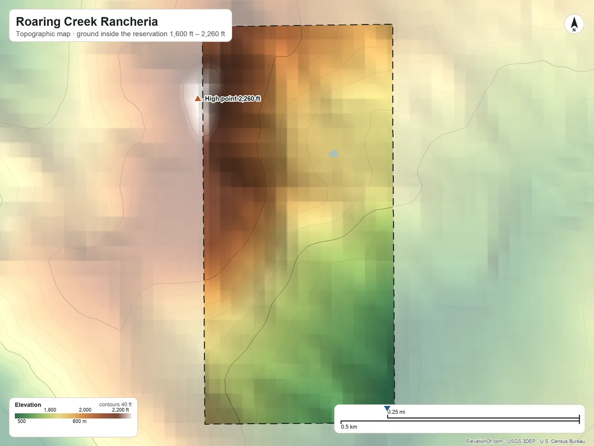 Topographic elevation map of Roaring Creek Rancheria, California, shaded from 1,600 ft on the southeast side to 2,260 ft on the northwest side