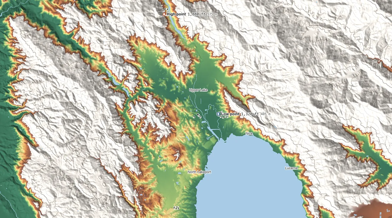 Topographic elevation map of Robinson Rancheria, California, shaded from 1,320 ft on the east side to 1,880 ft on the north side
