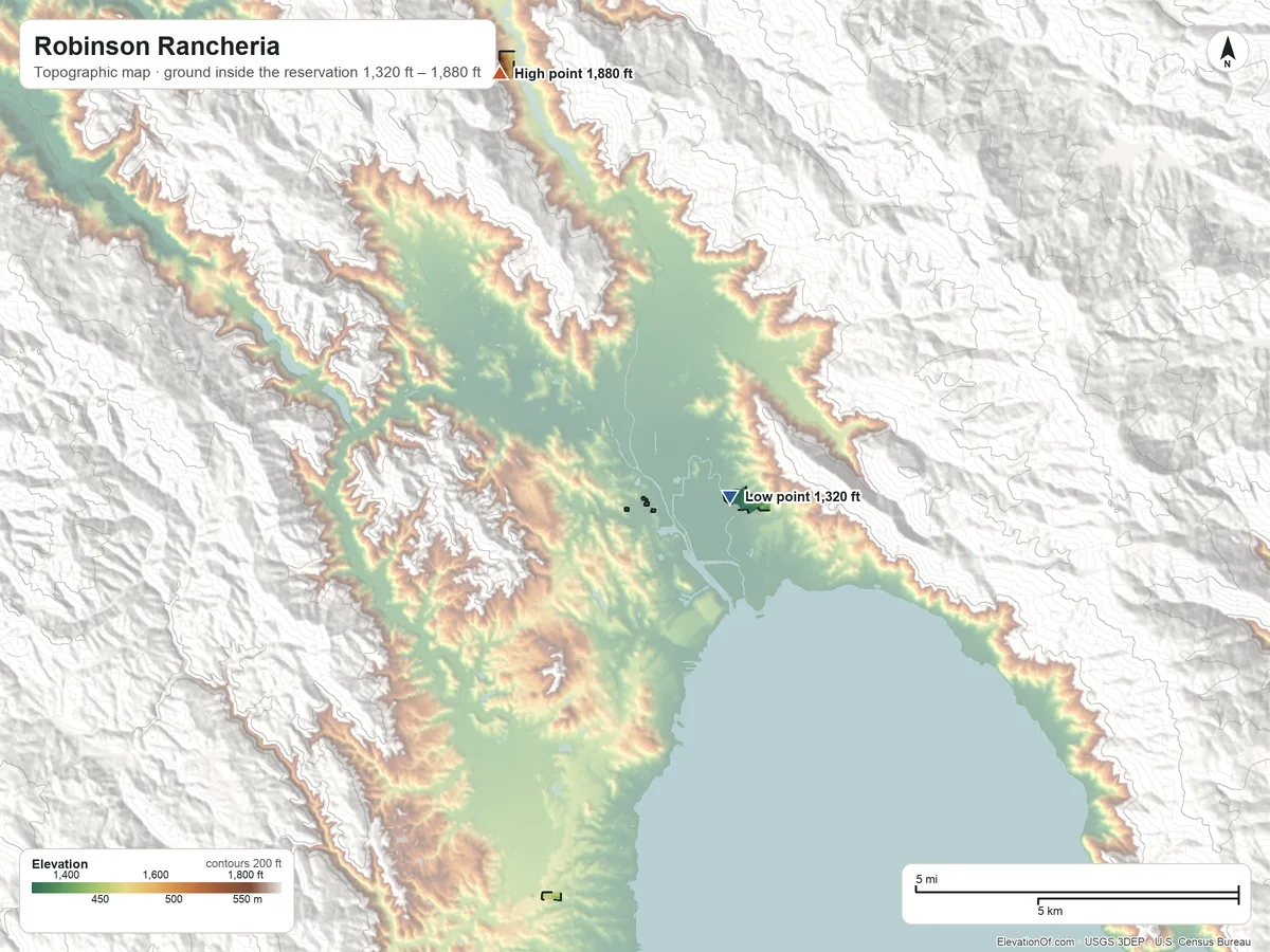 Topographic elevation map of Robinson Rancheria, California, shaded from 1,320 ft on the east side to 1,880 ft on the north side