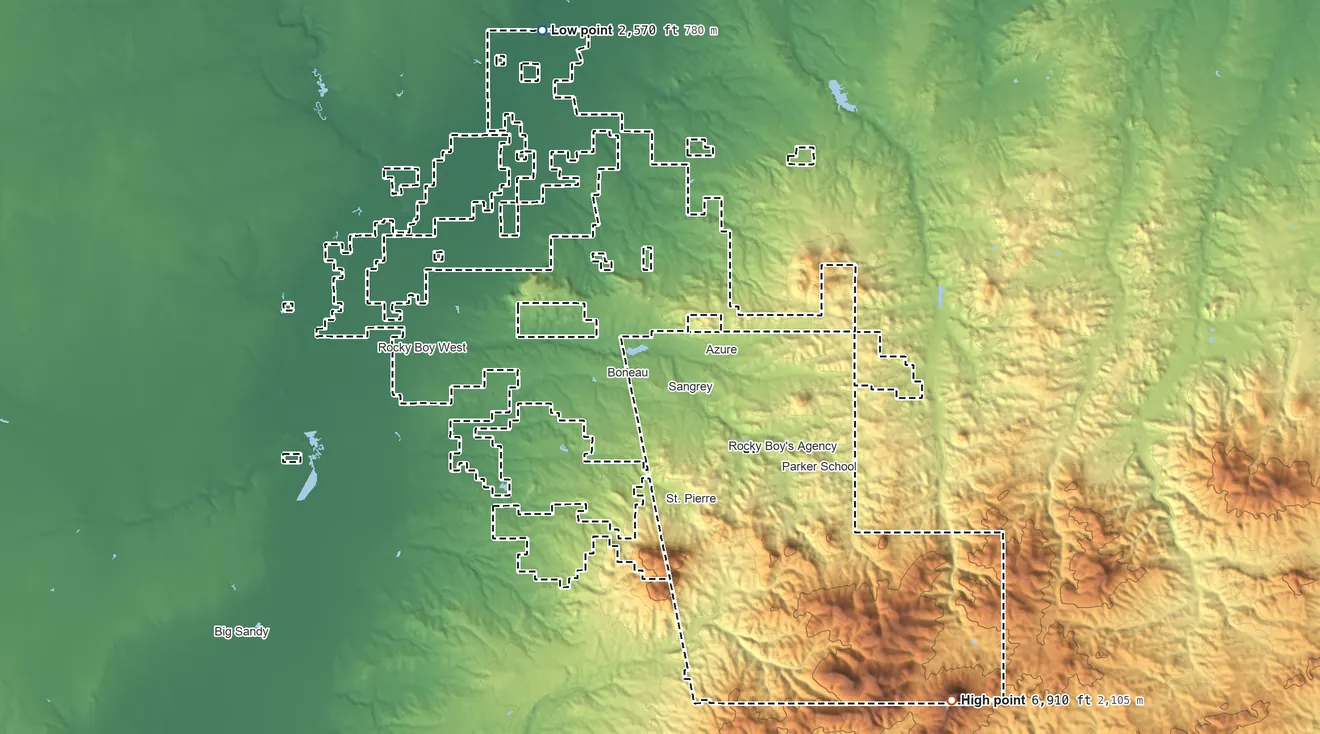 Topographic elevation map of Rocky Boy's Reservation, Montana, shaded from 2,570 ft on the north side to 6,910 ft on Baldy Mountain