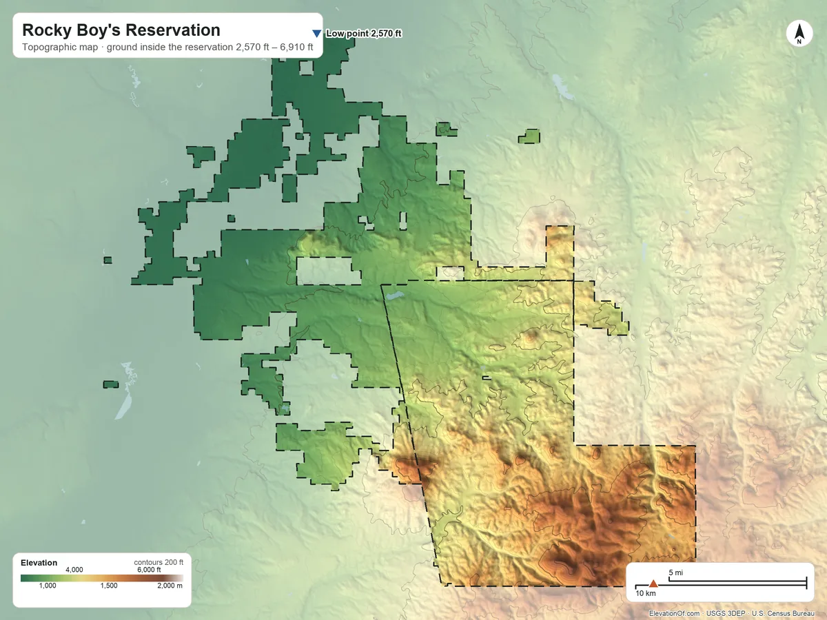 Topographic elevation map of Rocky Boy's Reservation, Montana, shaded from 2,570 ft on the north side to 6,910 ft on Baldy Mountain