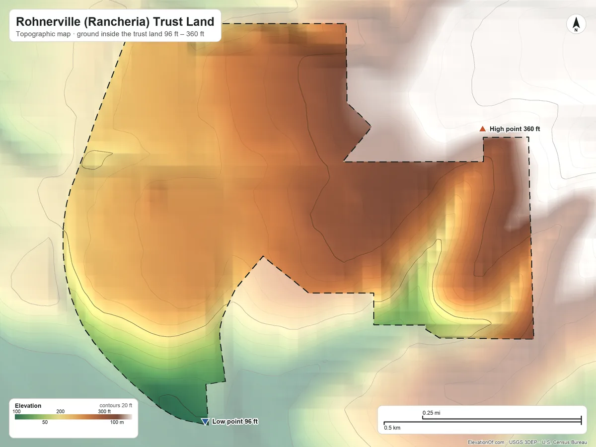 Topographic elevation map of Rohnerville (Rancheria) Trust Land, California, shaded from 96 ft on the southwest side to 360 ft on the northeast side