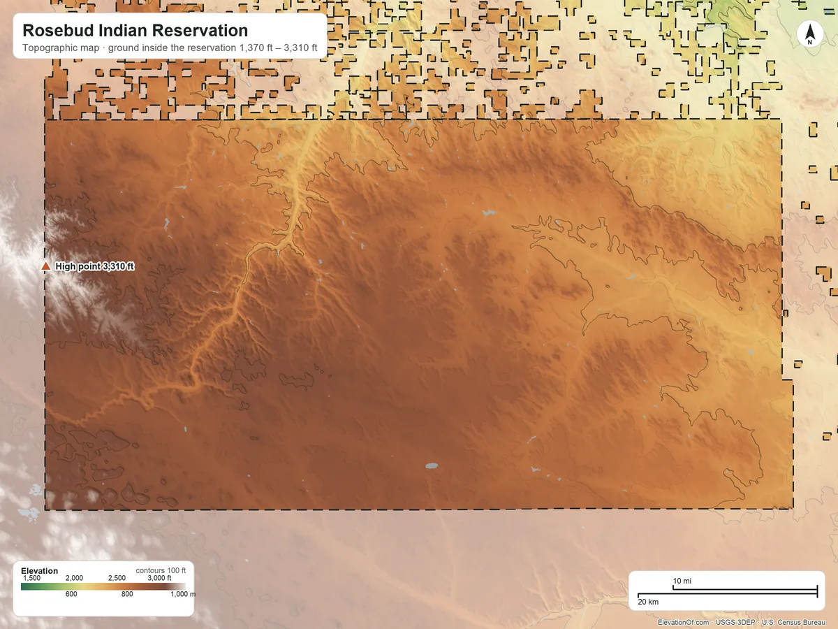 Topographic elevation map of Rosebud Indian Reservation, South Dakota, shaded from 1,370 ft on the northeast side to 3,310 ft on the west side