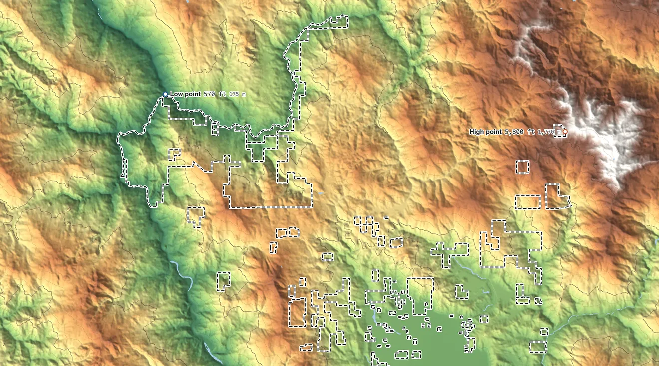 Topographic elevation map of Round Valley Reservation, California, shaded from 570 ft on the northwest side to 5,800 ft on the east side