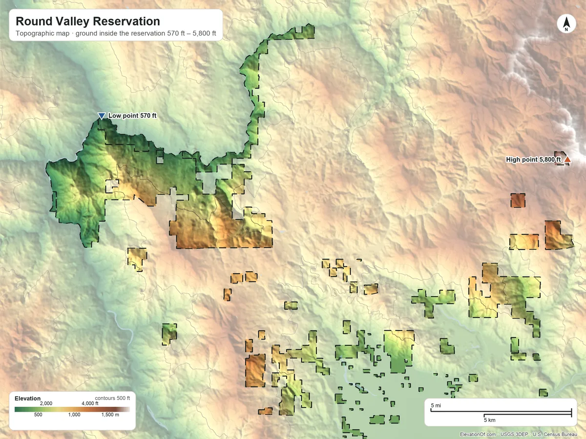 Topographic elevation map of Round Valley Reservation, California, shaded from 570 ft on the northwest side to 5,800 ft on the east side