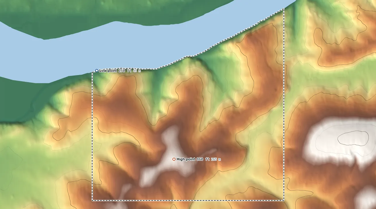 Topographic elevation map of Ruby ANVSA, Alaska, shaded from 150 ft on the west side to 860 ft on the south side