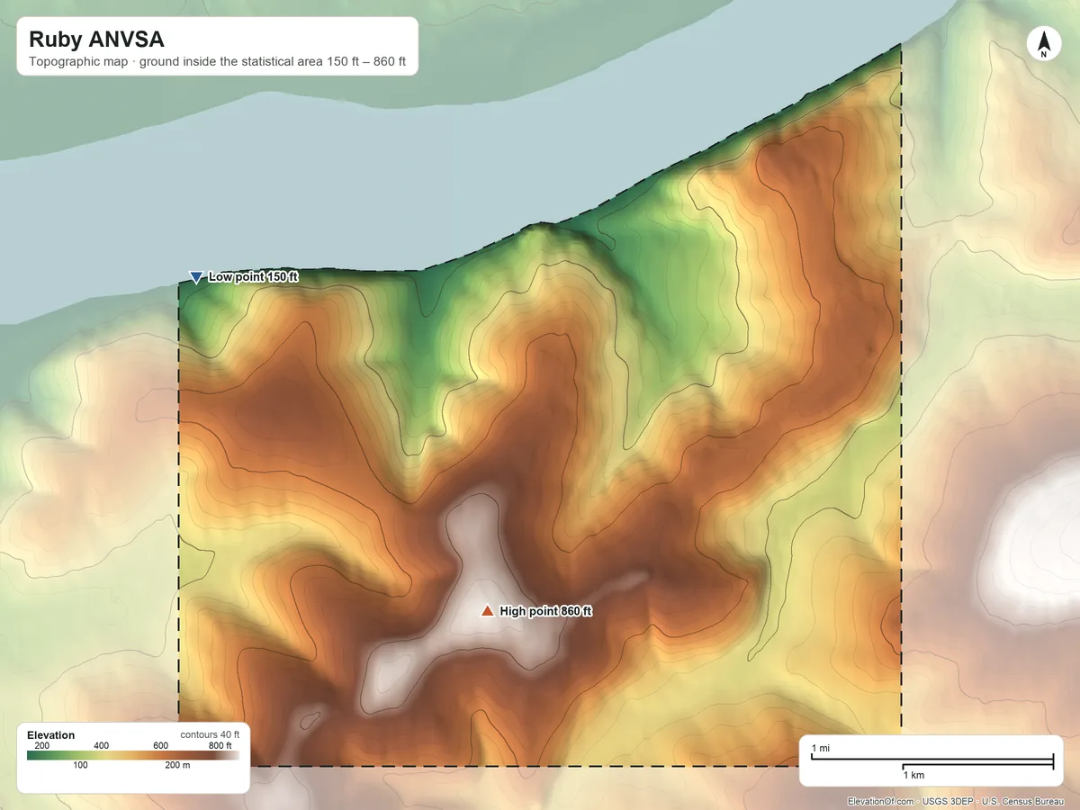 Topographic elevation map of Ruby ANVSA, Alaska, shaded from 150 ft on the west side to 860 ft on the south side
