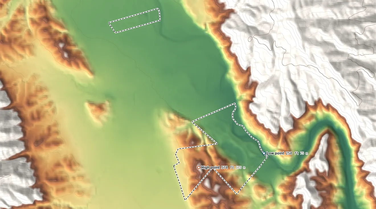 Topographic elevation map of Rumsey Indian Rancheria, California, shaded from 250 ft on the southeast side to 570 ft on the south side