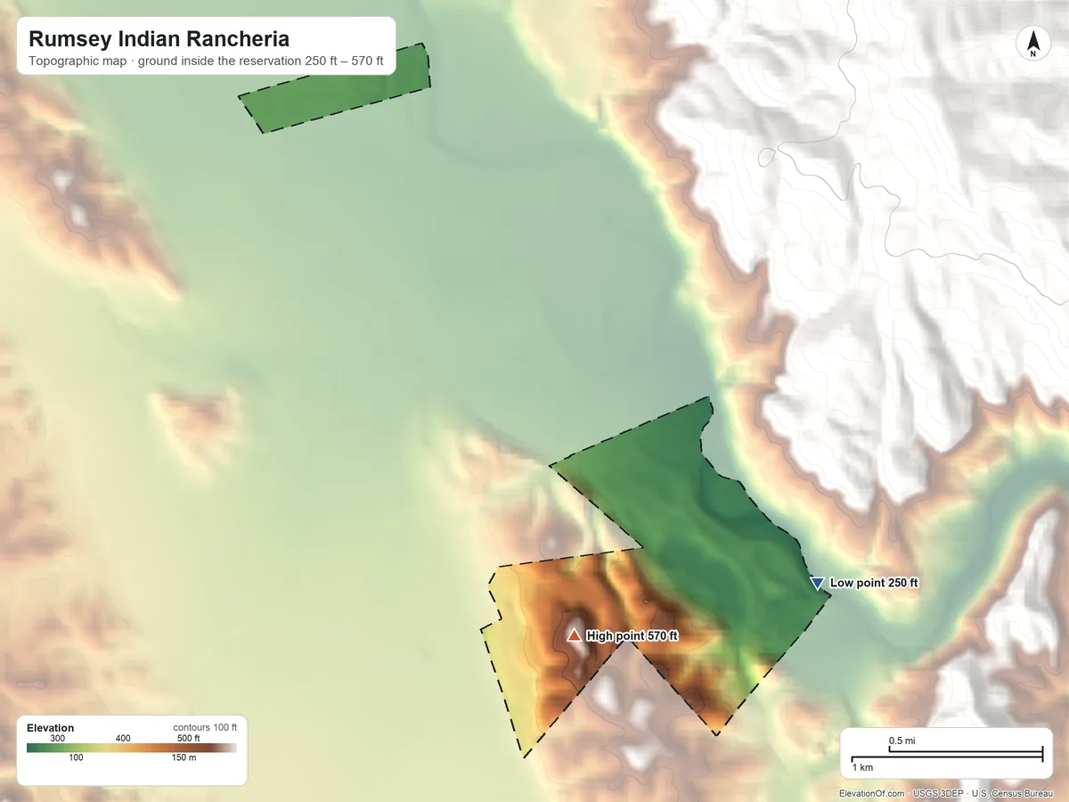 Topographic elevation map of Rumsey Indian Rancheria, California, shaded from 250 ft on the southeast side to 570 ft on the south side