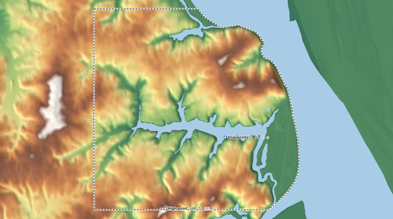 Topographic elevation map of Russian Mission ANVSA, Alaska, shaded from 37 ft on the southeast side to 340 ft on the south side