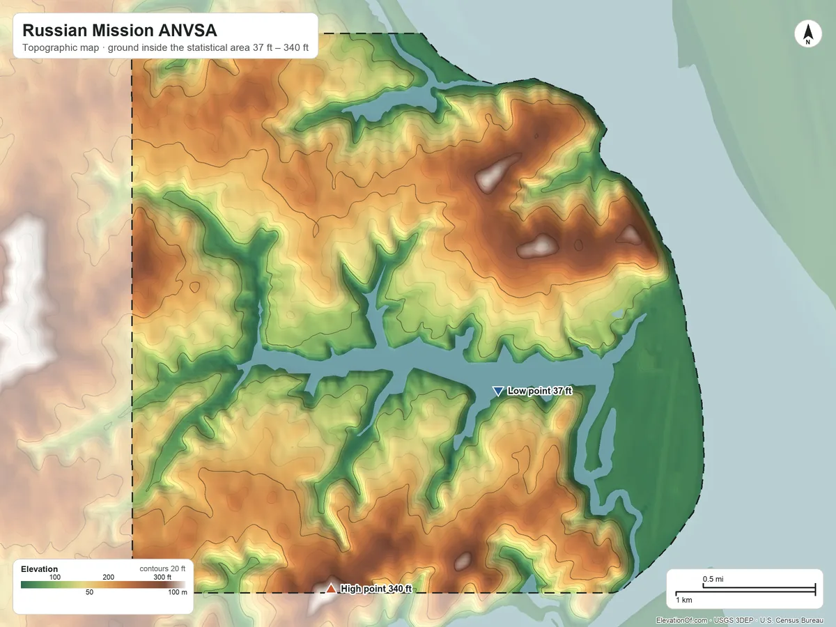Topographic elevation map of Russian Mission ANVSA, Alaska, shaded from 37 ft on the southeast side to 340 ft on the south side