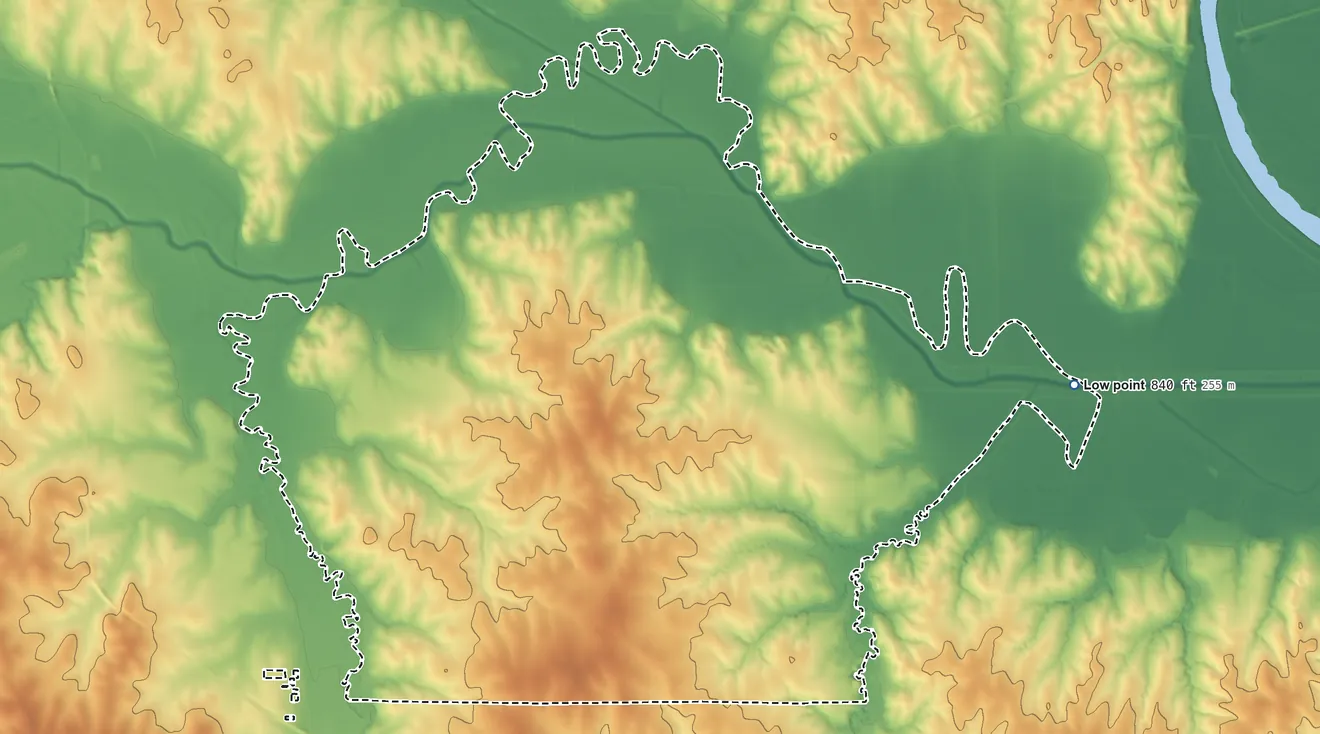 Topographic elevation map of Sac and Fox Nation Reservation, Nebraska, shaded from 840 ft on the east side to 1,190 ft on the southwest side
