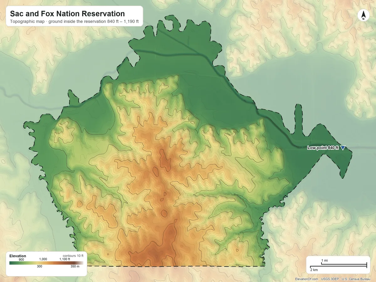 Topographic elevation map of Sac and Fox Nation Reservation, Nebraska, shaded from 840 ft on the east side to 1,190 ft on the southwest side
