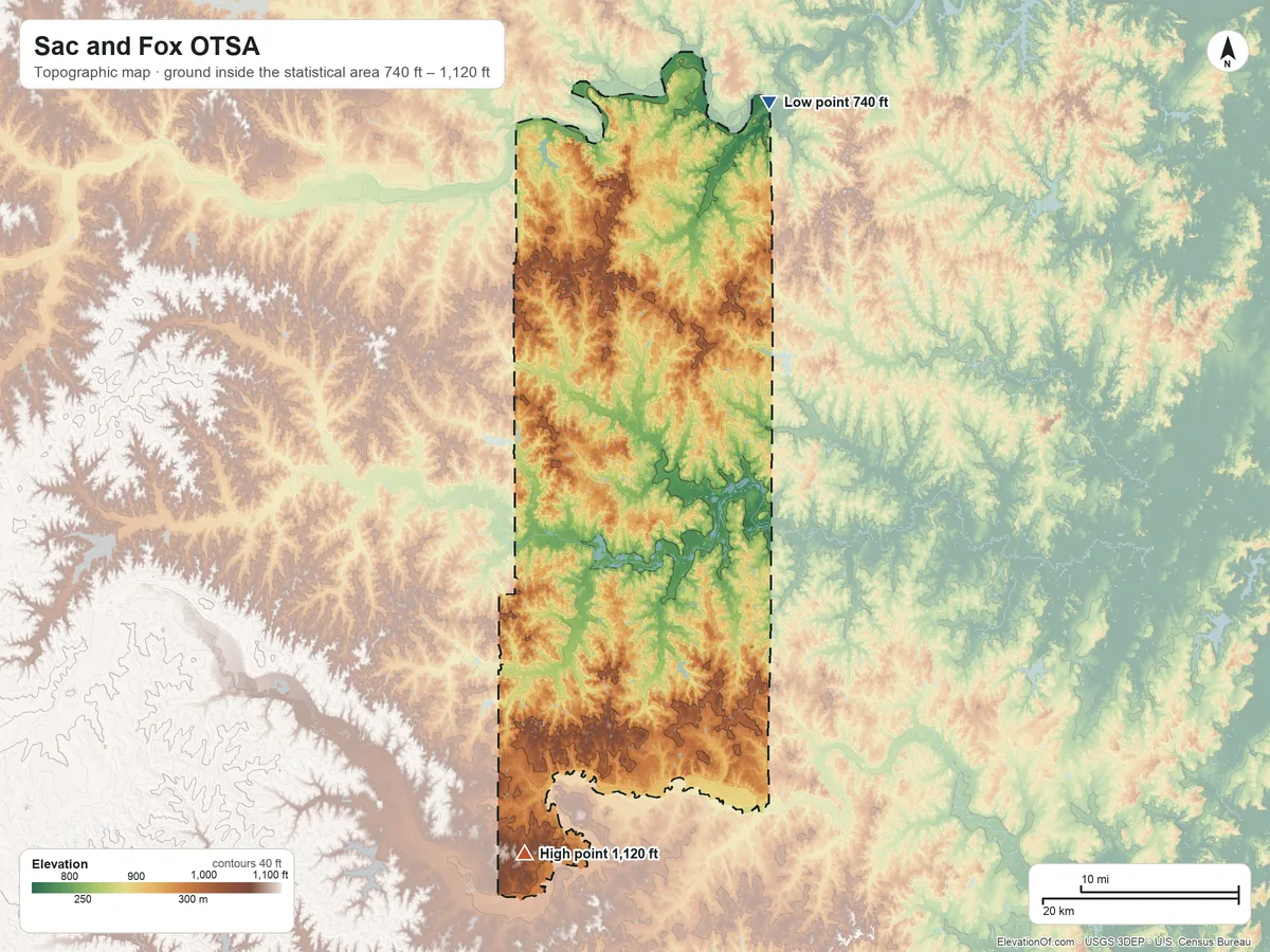 Topographic elevation map of Sac and Fox OTSA, Oklahoma, shaded from 740 ft on the north side to 1,120 ft on the south side