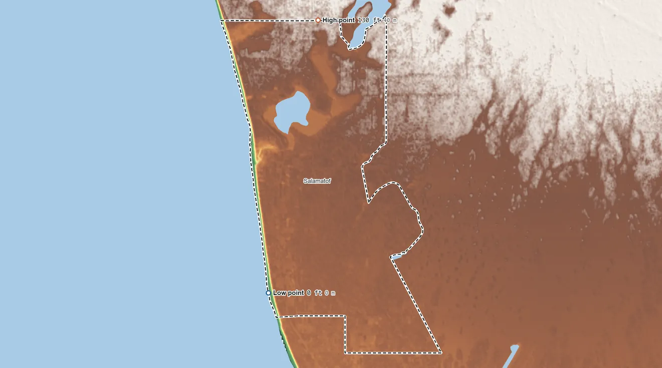 Topographic elevation map of Salamatof ANVSA, Alaska, shaded from sea level on Cook Inlet to 130 ft on the north side
