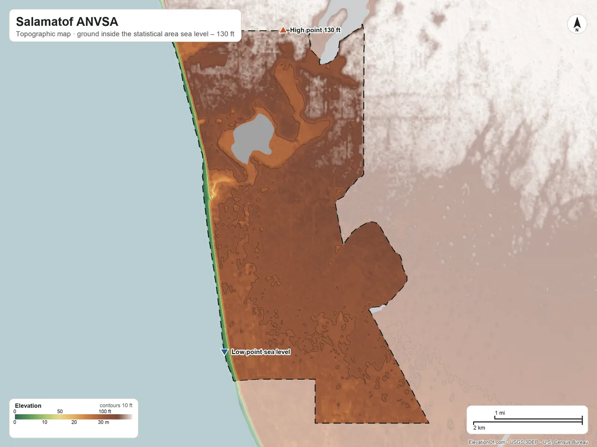 Topographic elevation map of Salamatof ANVSA, Alaska, shaded from sea level on Cook Inlet to 130 ft on the north side