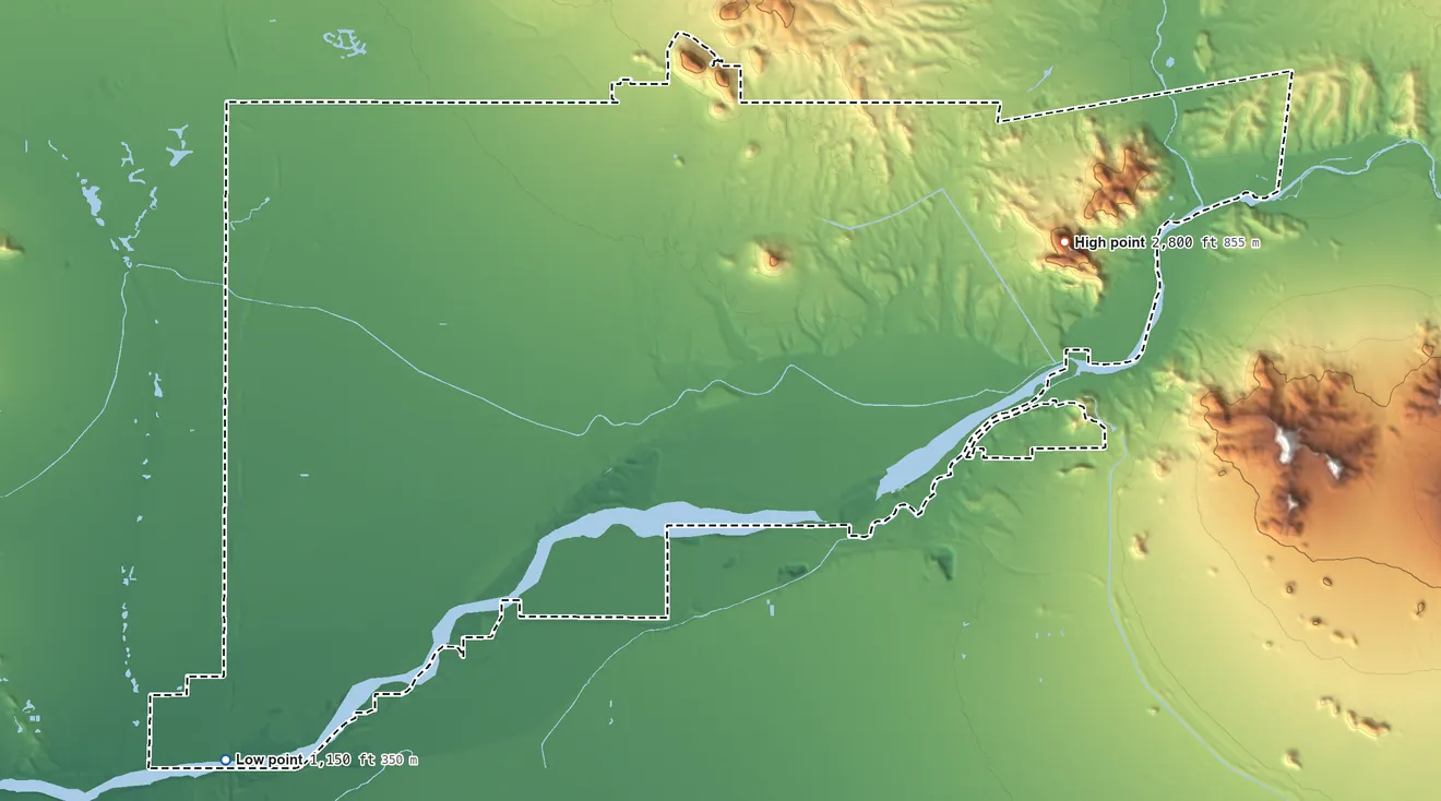 Topographic elevation map of Salt River Reservation, Arizona, shaded from 1,150 ft on the southwest side to 2,800 ft on Mount McDowell