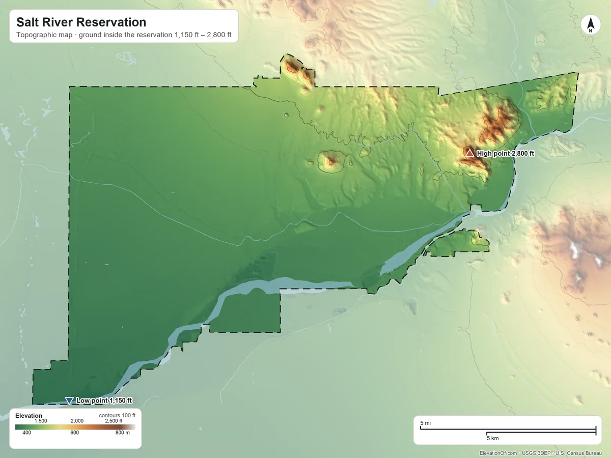 Topographic elevation map of Salt River Reservation, Arizona, shaded from 1,150 ft on the southwest side to 2,800 ft on Mount McDowell