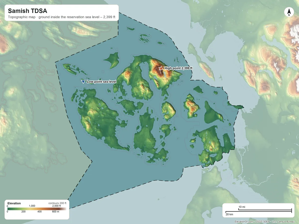 Topographic elevation map of Samish TDSA, Washington, shaded from sea level on the Salish Sea to 2,399 ft on Mount Constitution