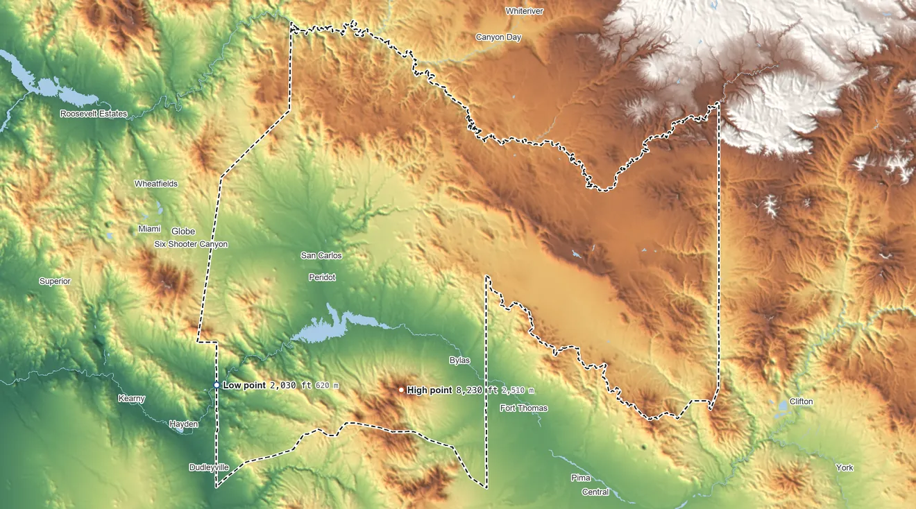 Topographic elevation map of San Carlos Reservation, Arizona, shaded from 2,030 ft on the southwest side to 8,230 ft on Mount Turnbull