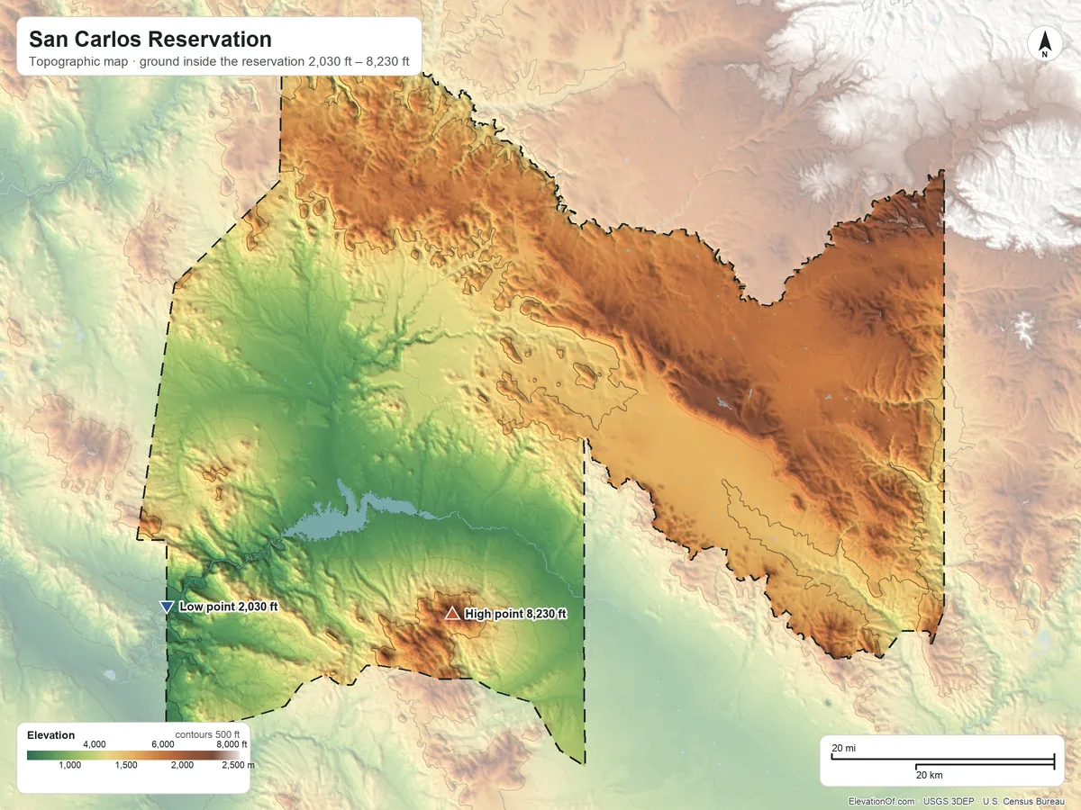 Topographic elevation map of San Carlos Reservation, Arizona, shaded from 2,030 ft on the southwest side to 8,230 ft on Mount Turnbull