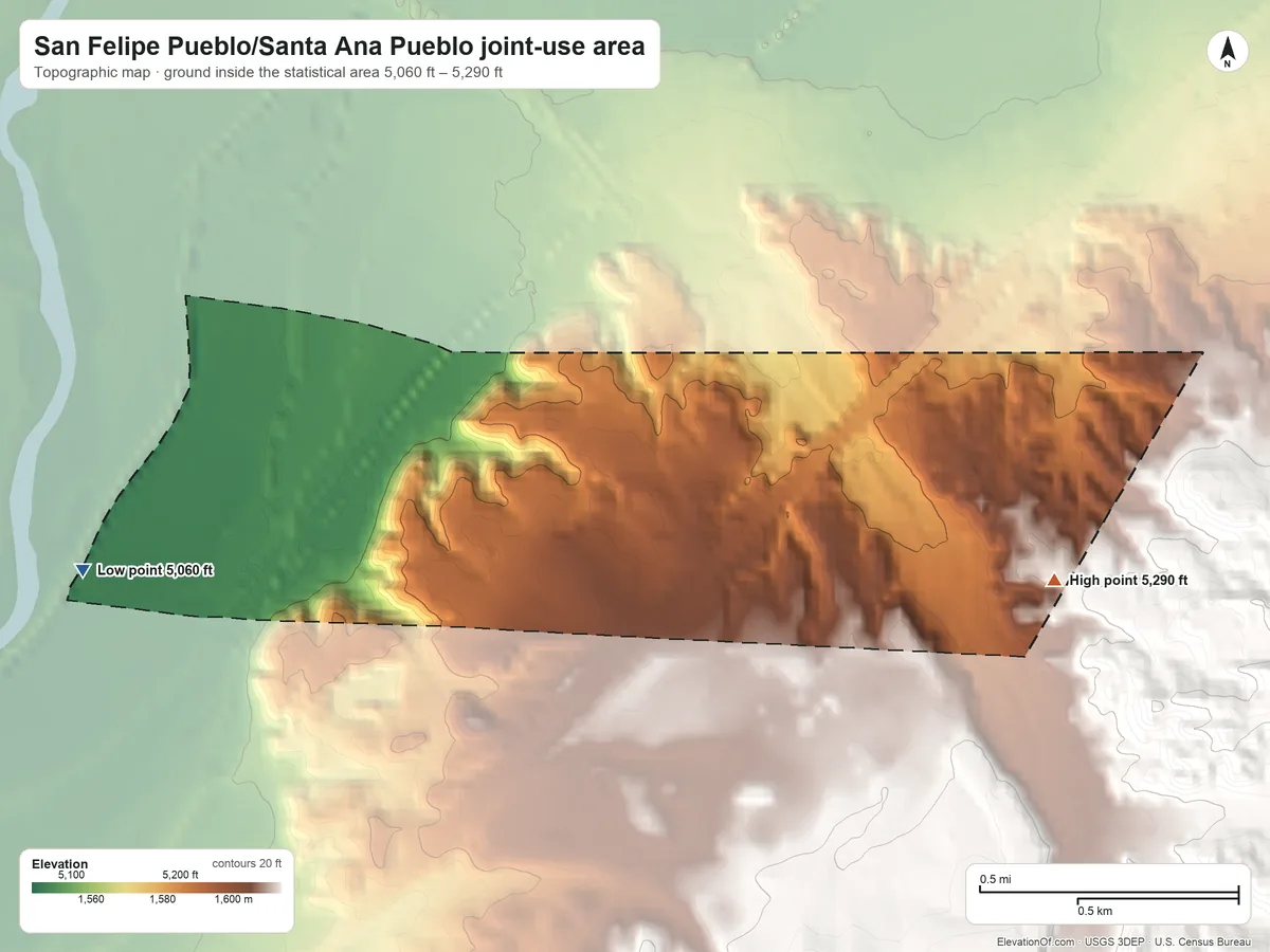 Topographic elevation map of San Felipe Pueblo/Santa Ana Pueblo joint-use area, New Mexico, shaded from 5,060 ft on the west side to 5,290 ft on the east side