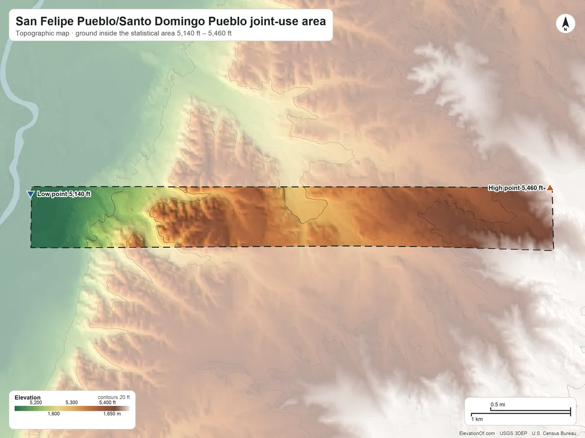Topographic elevation map of San Felipe Pueblo/Santo Domingo Pueblo joint-use area, New Mexico, shaded from 5,140 ft on the west side to 5,460 ft on the east side