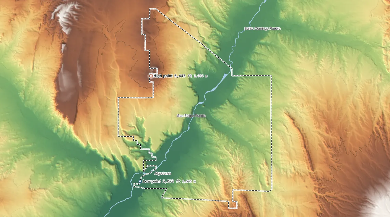 Topographic elevation map of San Felipe Pueblo, New Mexico, shaded from 5,070 ft on the southwest side to 6,443 ft on Santa Ana Mesa