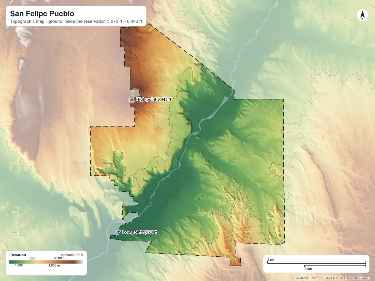 Topographic elevation map of San Felipe Pueblo, New Mexico, shaded from 5,070 ft on the southwest side to 6,443 ft on Santa Ana Mesa
