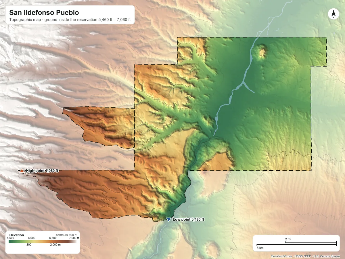 Topographic elevation map of San Ildefonso Pueblo, New Mexico, shaded from 5,460 ft on the south side to 7,060 ft on the west side